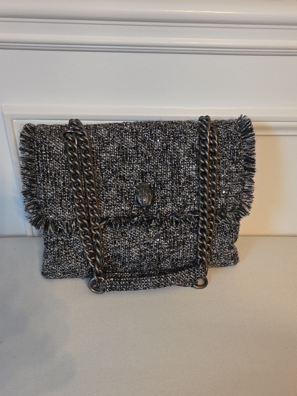 Kurt Geiger Textured Black and White Gold Flecked Fringe Chain-Shoulder Bag. EUC